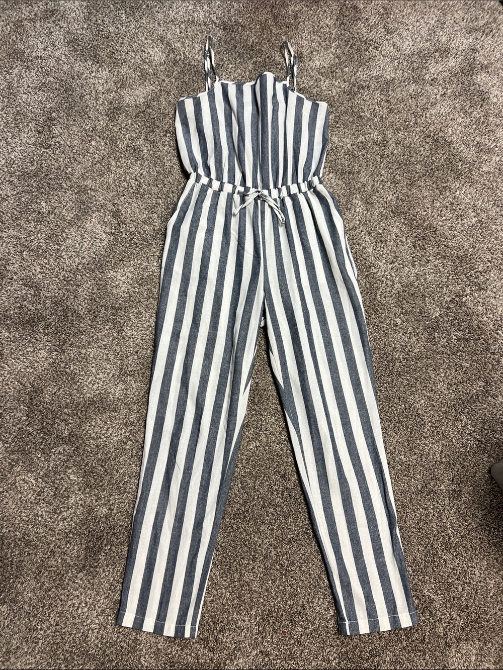 Ci Sono Navy & White Vertical Stripe Sleeveless Jumpsuit